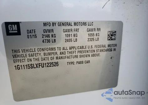 2015 Chevrolet Impala Lt z USA, uszkodzony, nr VIN 1G1115SLXFU122526